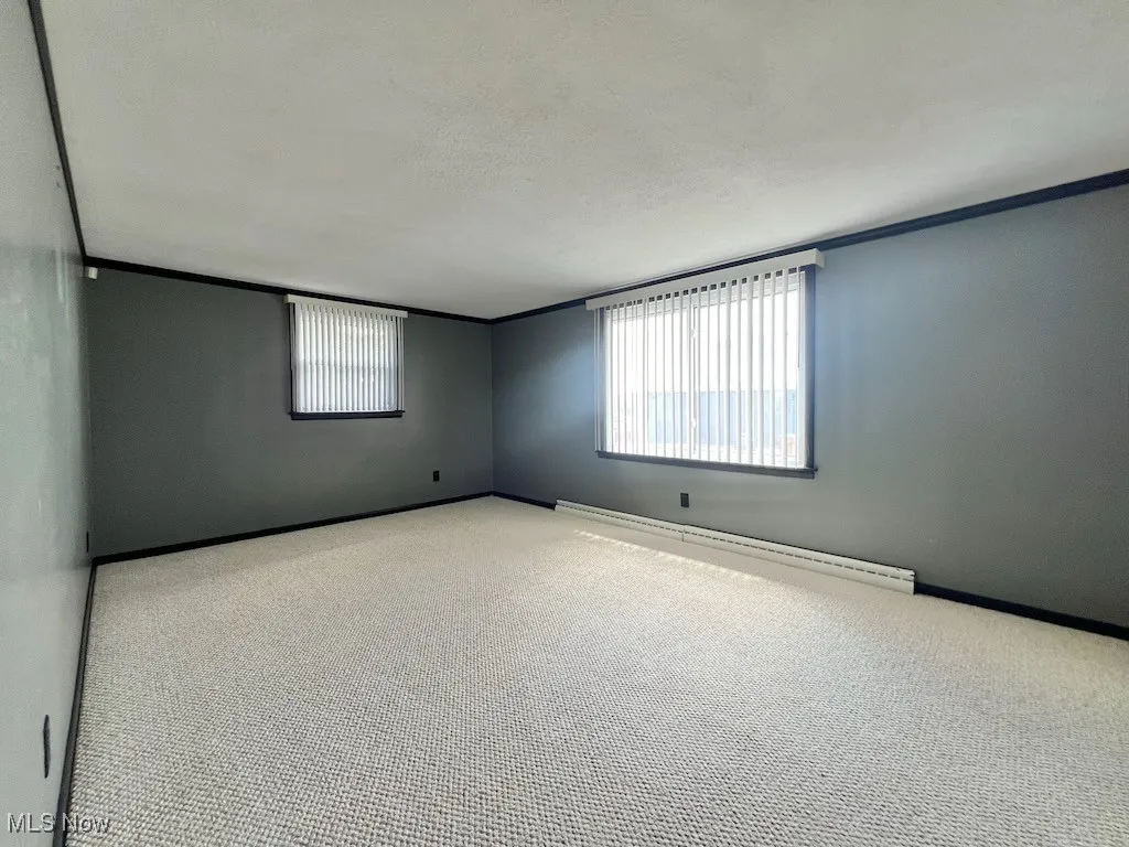 Carpeted empty room with a baseboard heating unit and crown molding