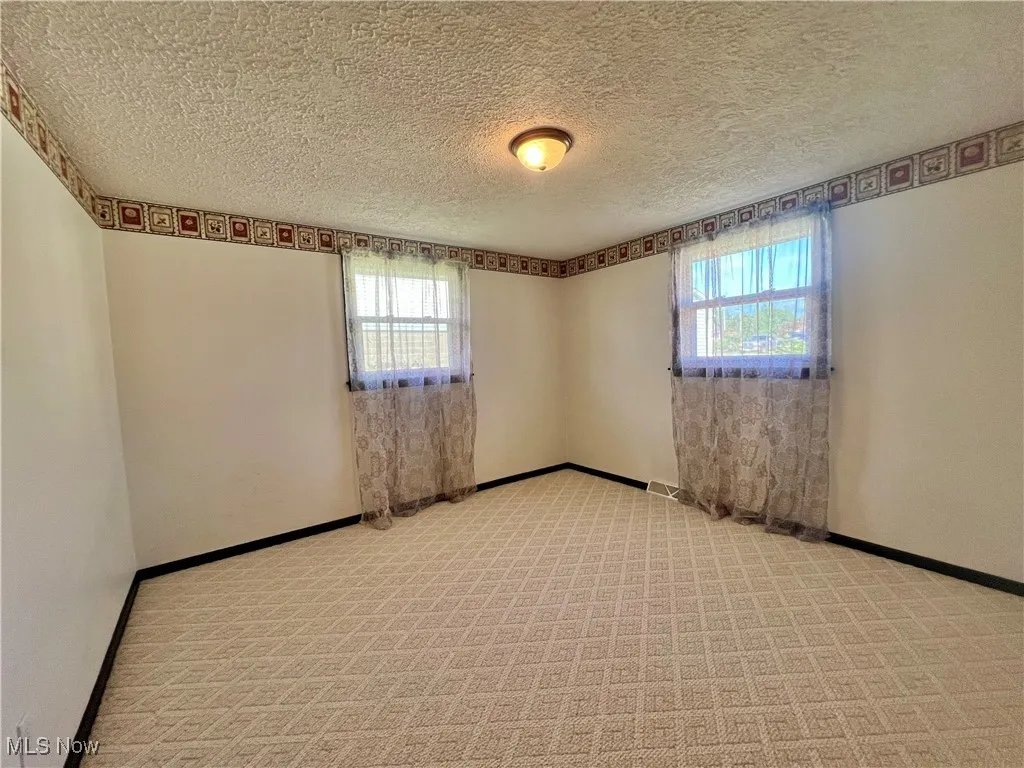 Carpeted empty room with healthy amount of natural light and a textured ceiling