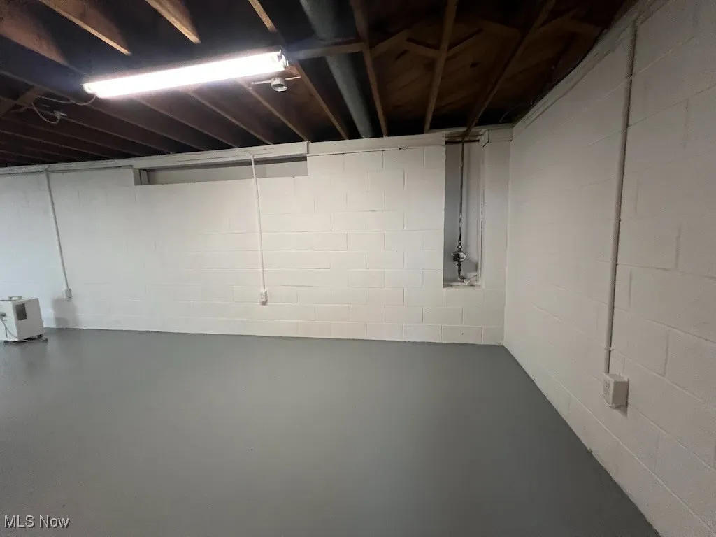 Unfinished basement with concrete block wall