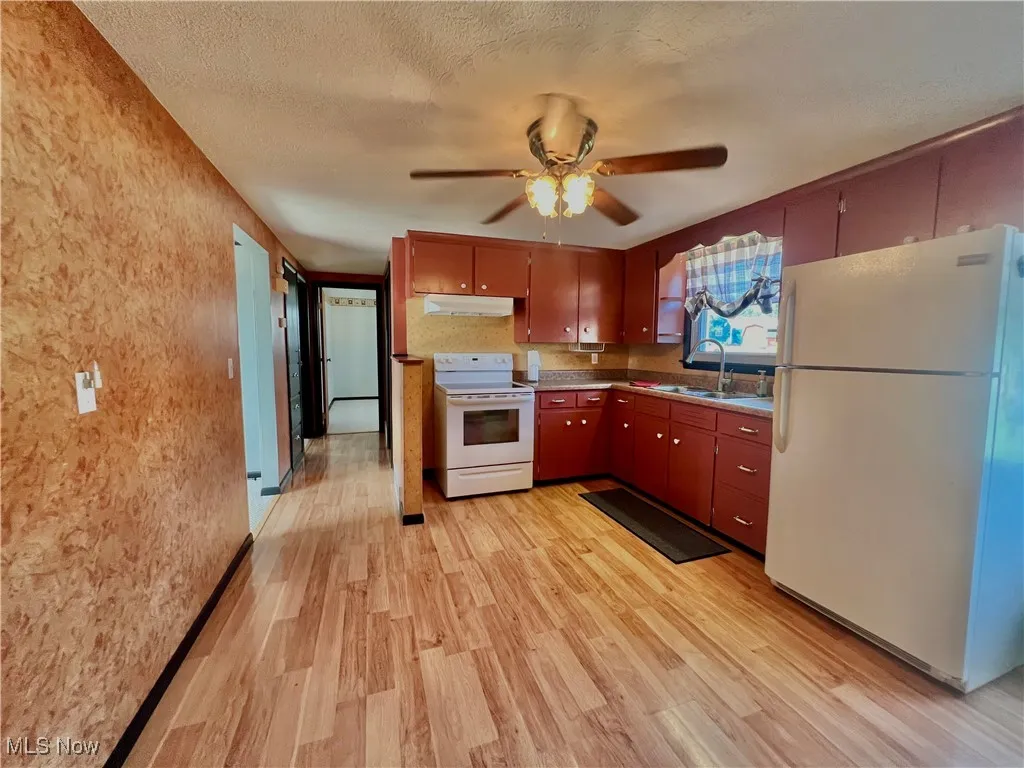 Kitchen with white appliances, light wood finished floors, ceiling fan, light countertops, and under cabinet range hood
