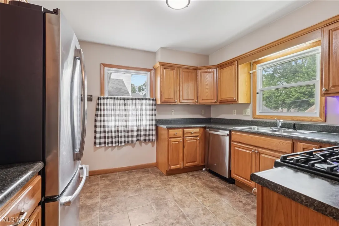 Kitchen featuring appliances with stainless steel finishes, plenty of natural light, and dark countertops