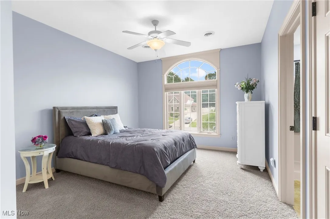 Carpeted bedroom with ceiling fan and closet