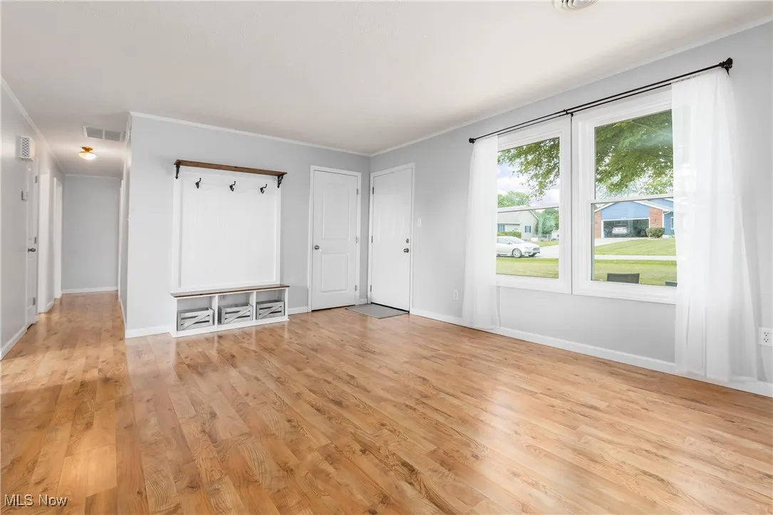 Mudroom with light wood-style floors and ornamental molding