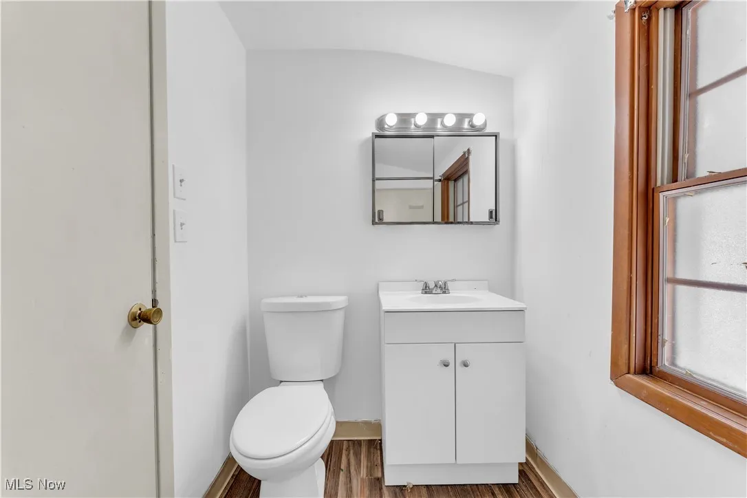 Half bathroom featuring vanity, wood finished floors, and vaulted ceiling