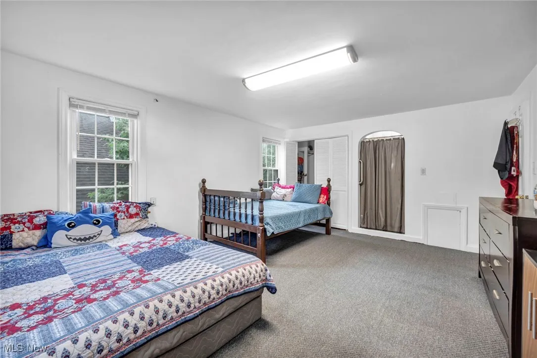 Bedroom featuring multiple windows, carpet floors, and a closet