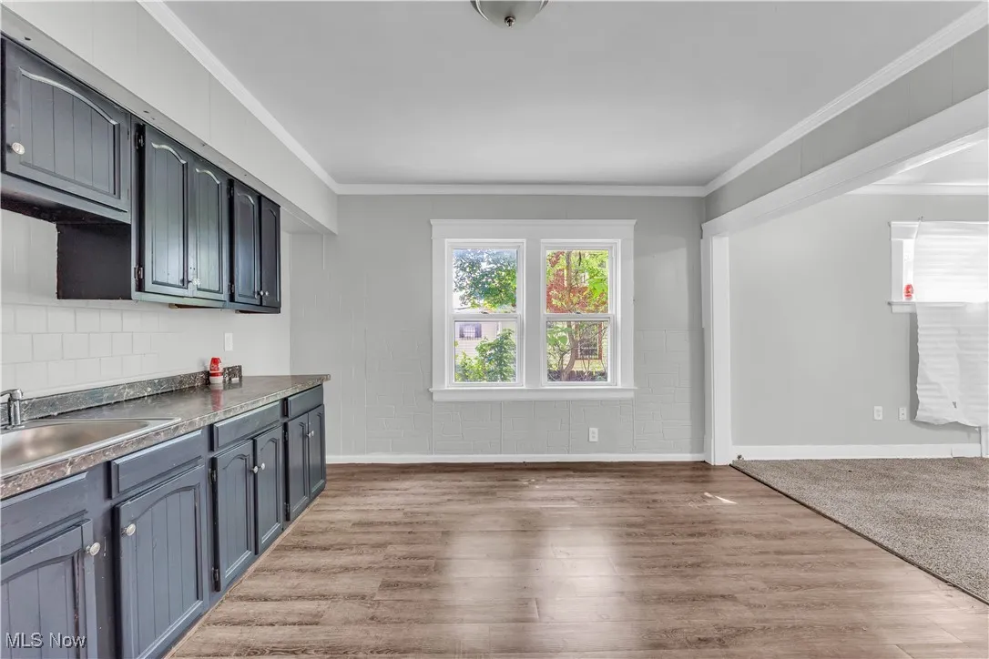 Kitchen with dark countertops, ornamental molding, wood finished floors, and decorative backsplash