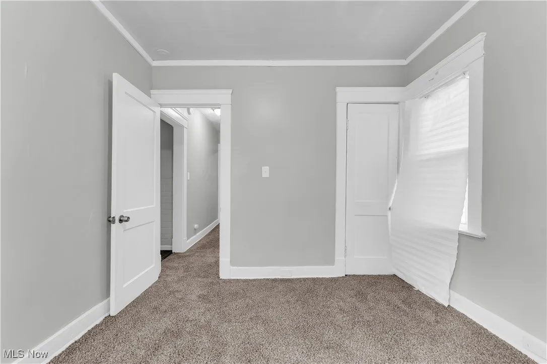 Unfurnished bedroom featuring carpet, crown molding, and a closet
