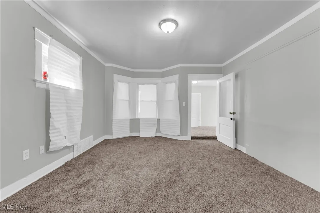 Carpeted empty room with crown molding