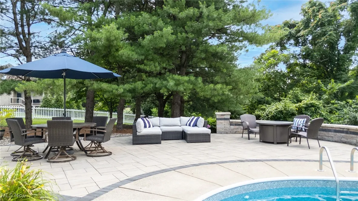 View of swimming pool with a patio, an outdoor living space, and outdoor dining area