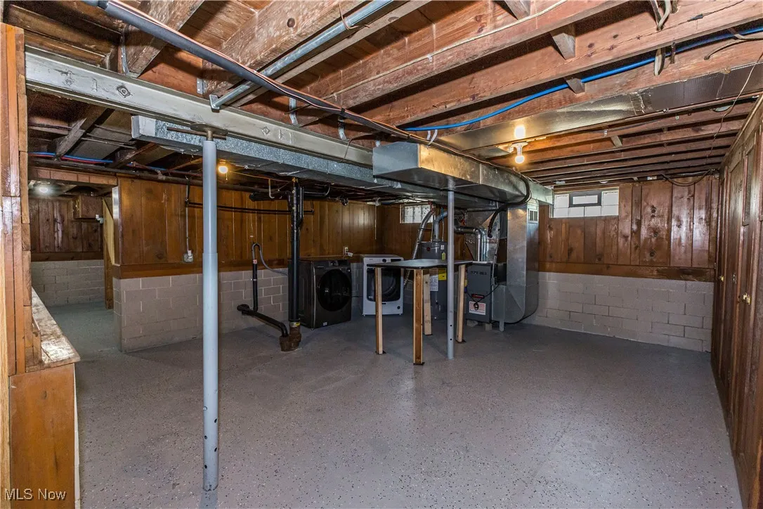 Below grade area with washer and clothes dryer and heating unit