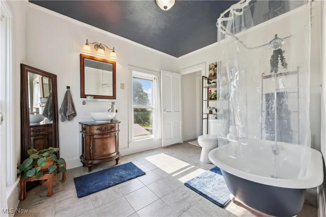 Full bathroom with a freestanding bath, vanity, tile patterned floors, crown molding, and a shower with curtain
