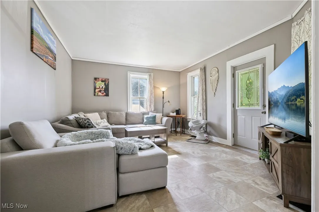 Living area featuring ornamental molding and light flooring