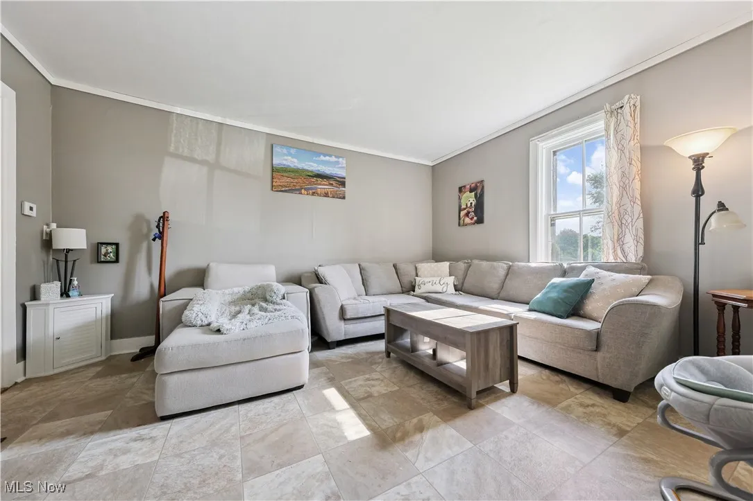 Living area with ornamental molding and light flooring