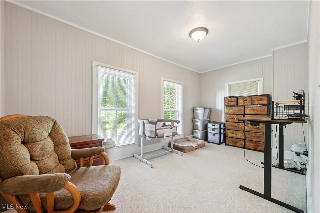 Bedroom featuring crown molding and carpet flooring