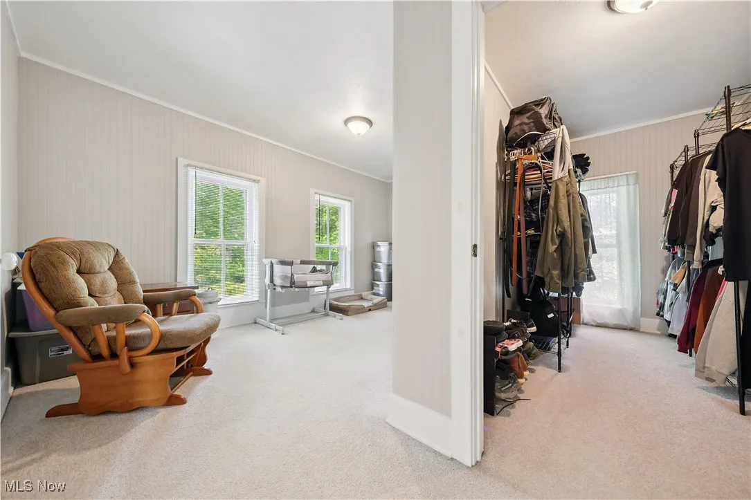 Bedroom with crown molding and carpet floors