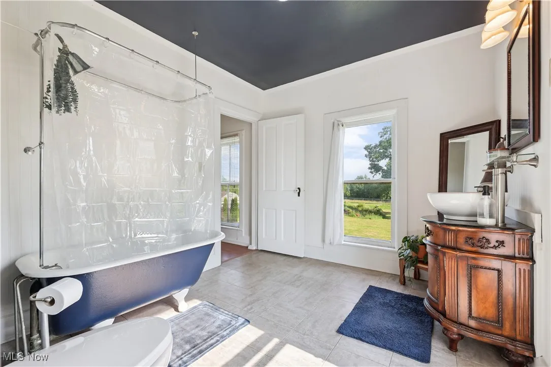 Bathroom featuring ornamental molding