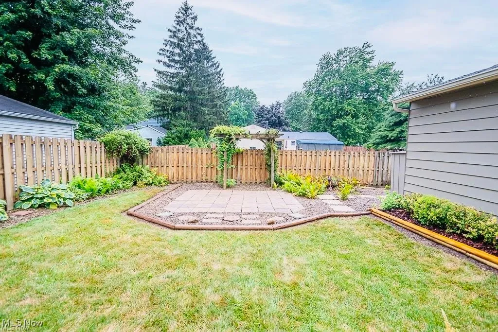 Fenced backyard with a patio