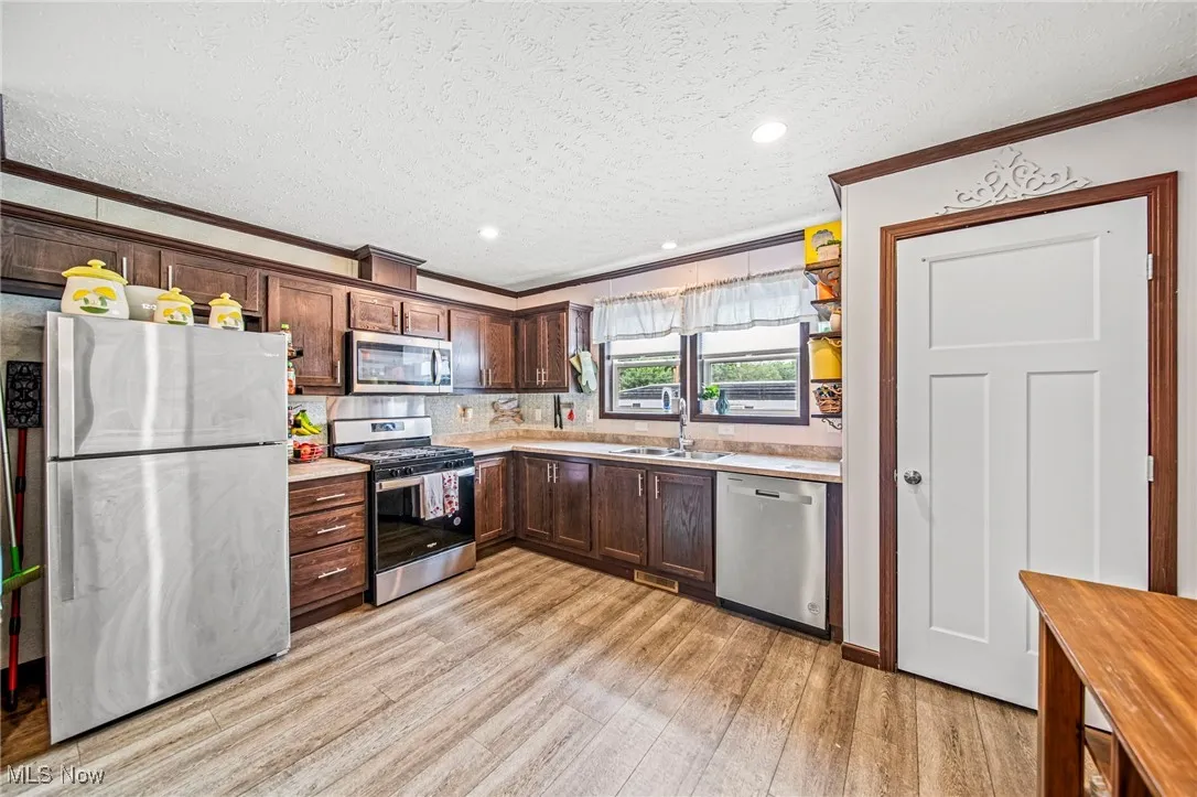 Kitchen with crown molding, appliances with stainless steel finishes, a textured ceiling, light wood-type flooring, and dark brown cabinets