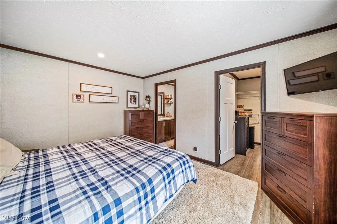 Bedroom with a walk in closet, ornamental molding, light wood-style floors, connected bathroom, and a textured ceiling