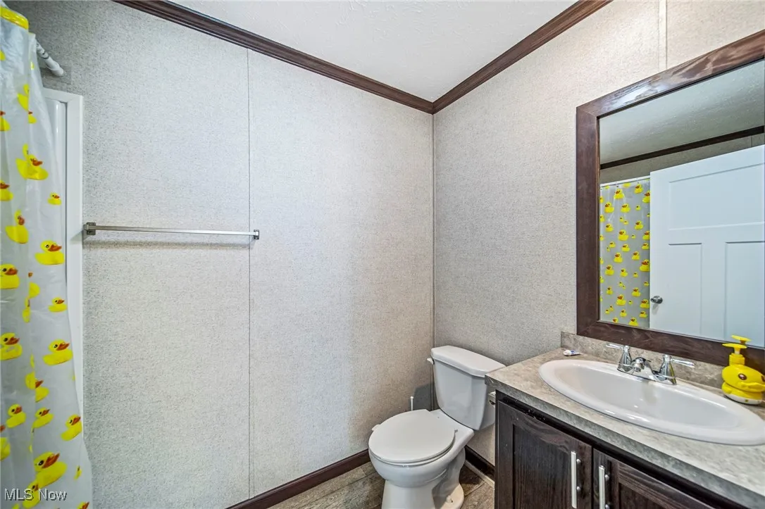 Full bathroom with crown molding, vanity, water heater, and a textured ceiling