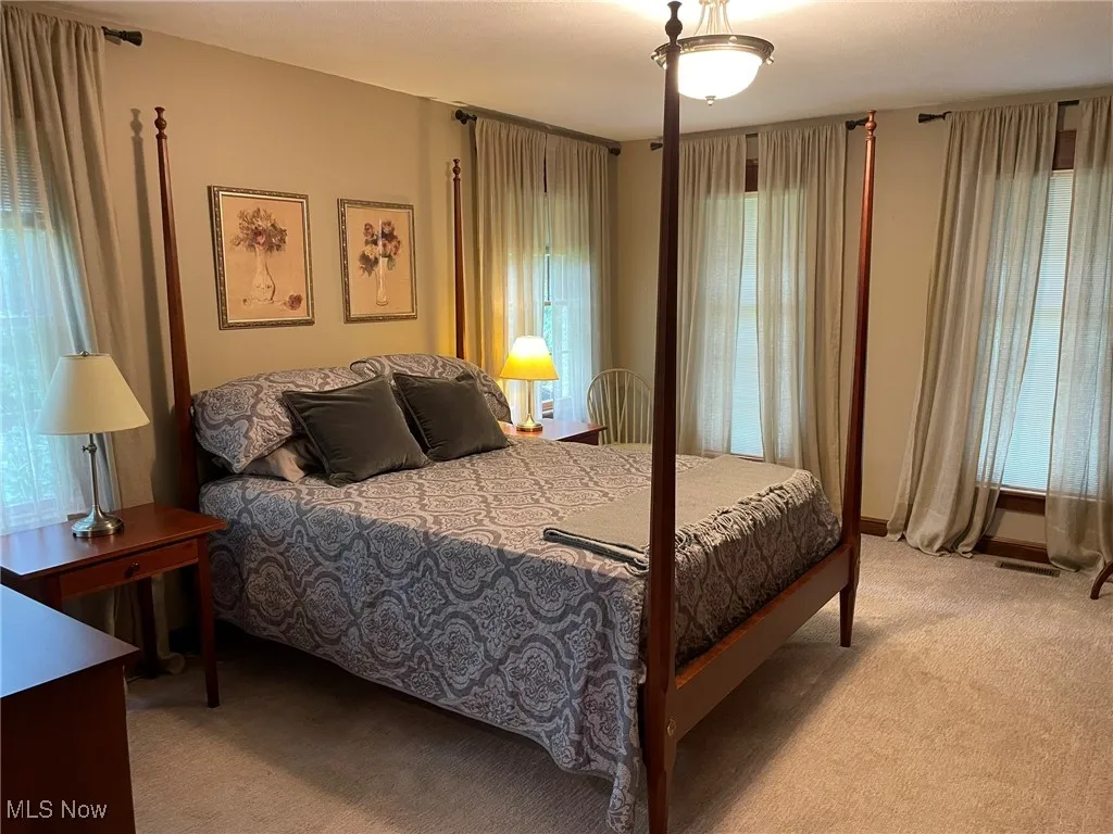 Bedroom with multiple windows and carpet