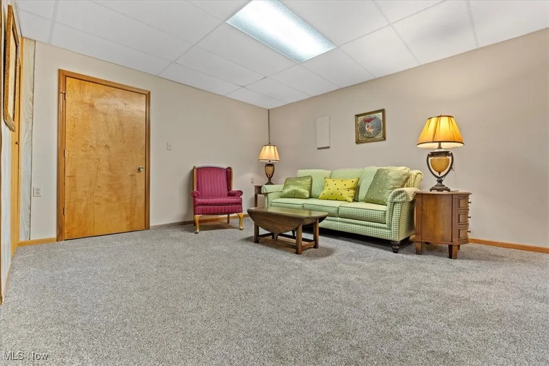 Carpeted living area with a drop ceiling and baseboards located in the lower walk out level.  Furniture will stay.