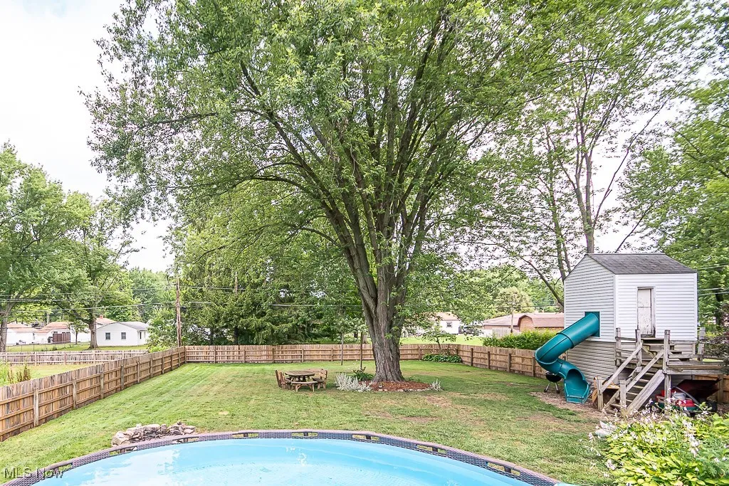 View of pool with a fenced backyard, an outdoor fire pit, a storage unit, and view of wooded area