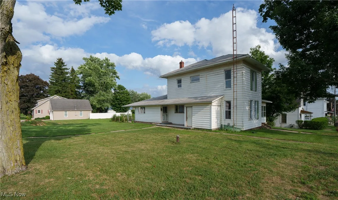 Rear view of house with a lawn and a chimney