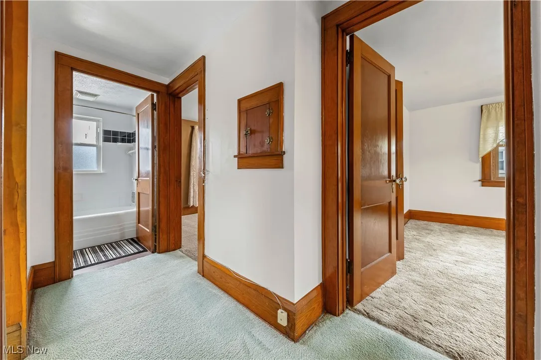 Hallway with carpet and baseboards