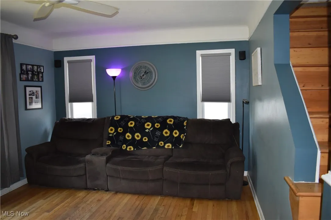 Living area featuring wood-type flooring and ceiling fan