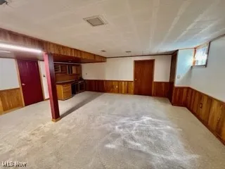 Below grade area featuring wood walls, wainscoting, and carpet floors