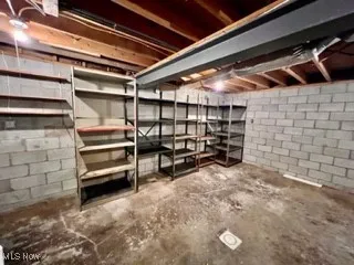 Unfinished basement featuring concrete block wall