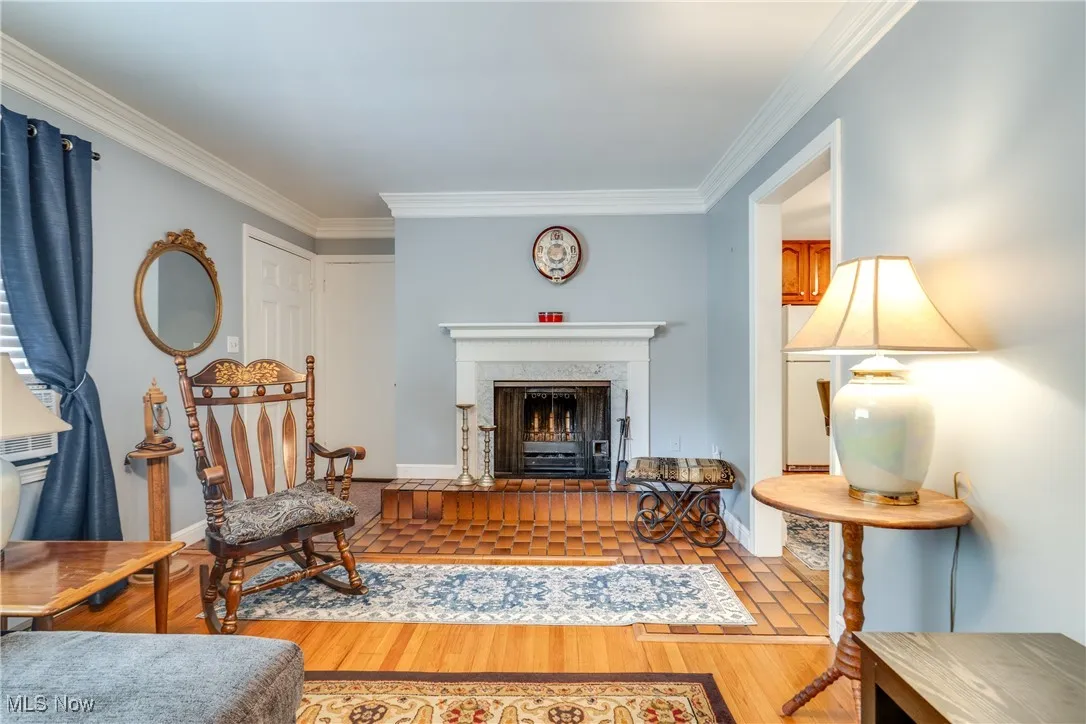 Living area with wood finished floors, ornamental molding, and a premium fireplace