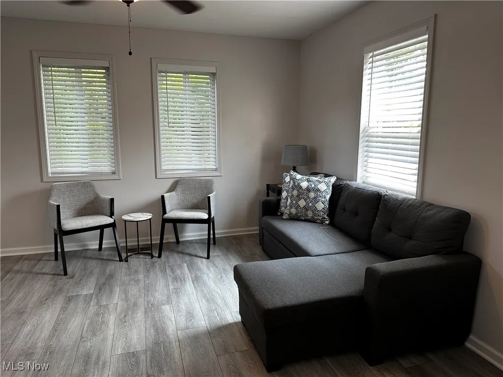 Living area featuring wood finished floors and ceiling fan