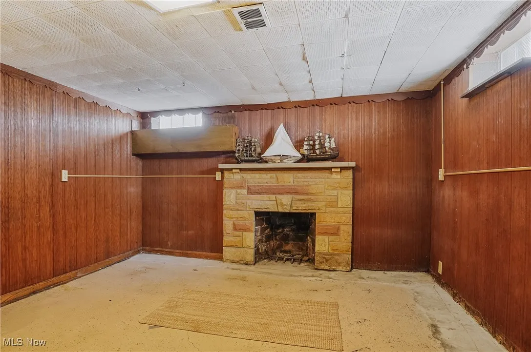 Basement rec room fireplace