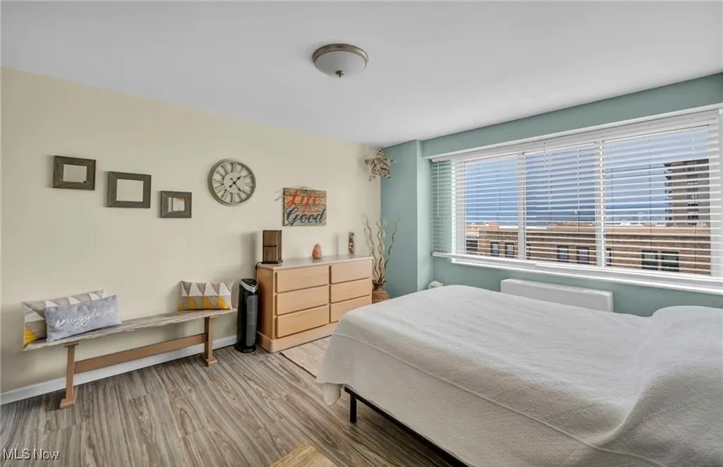 Bedroom featuring wood style floors and baseboards