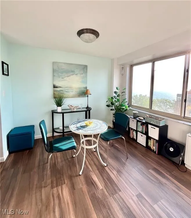 Dining area featuring wood style floors and baseboards