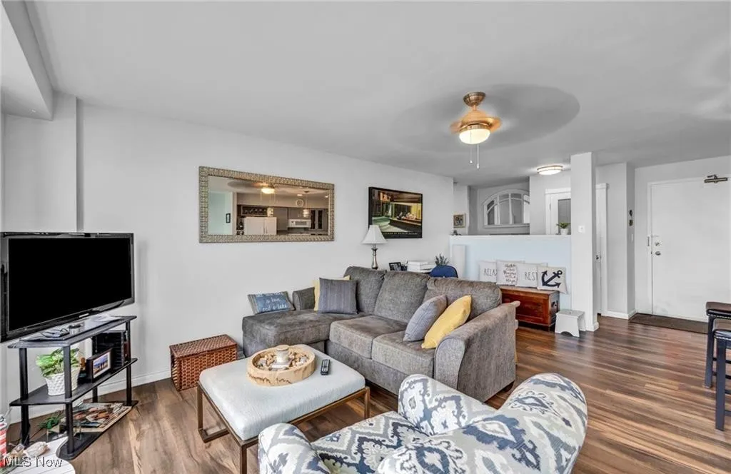 Living area featuring a ceiling fan and wood style floors
