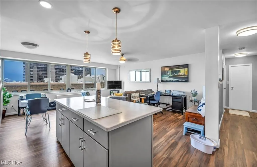 Kitchen with gray cabinetry, a kitchen island, dark wood style floors, and decorative light fixtures