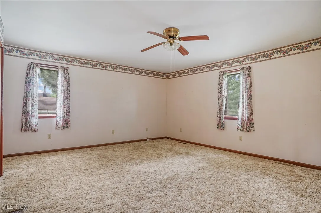 Spare room with plenty of natural light, carpet, and ceiling fan