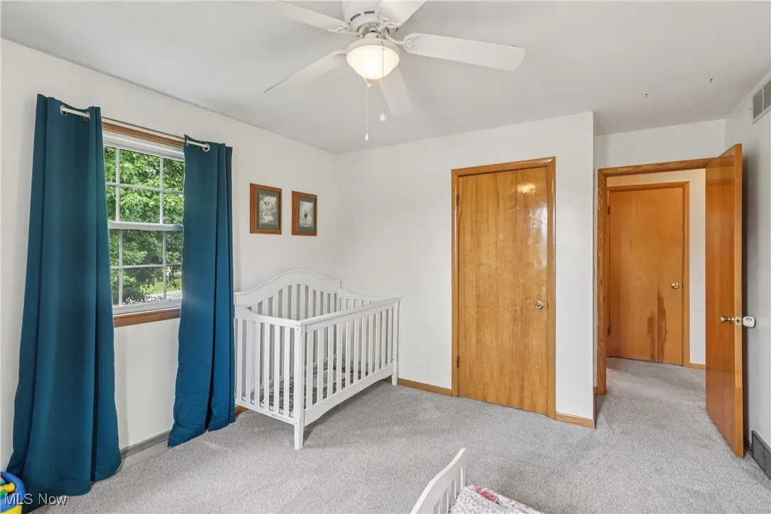 Bedroom with a closet, ceiling fan / light and carpet flooring