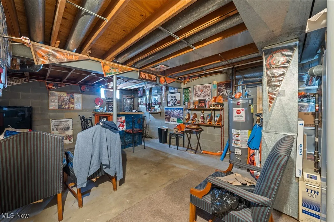 Unfinished below grade area featuring gas water heater and heating unit