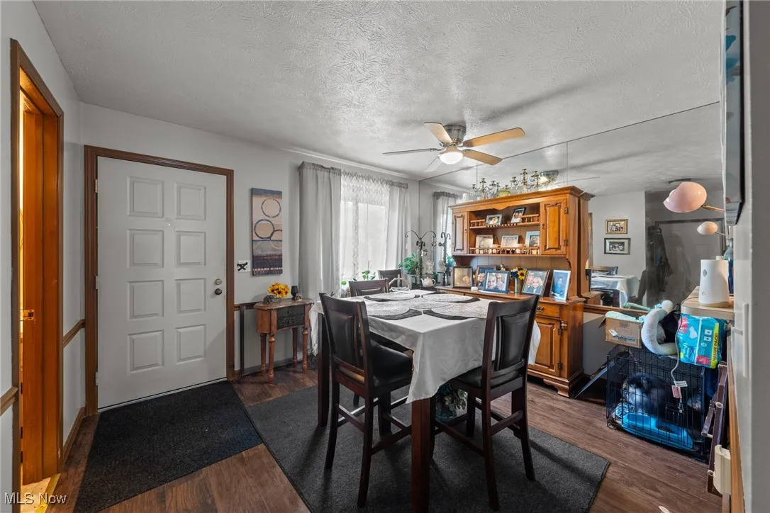 Dining space featuring ceiling fan, a textured ceiling, and dark wood-type flooring
