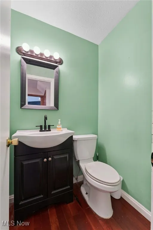 Bathroom with wood-type flooring, vanity, and a textured ceiling