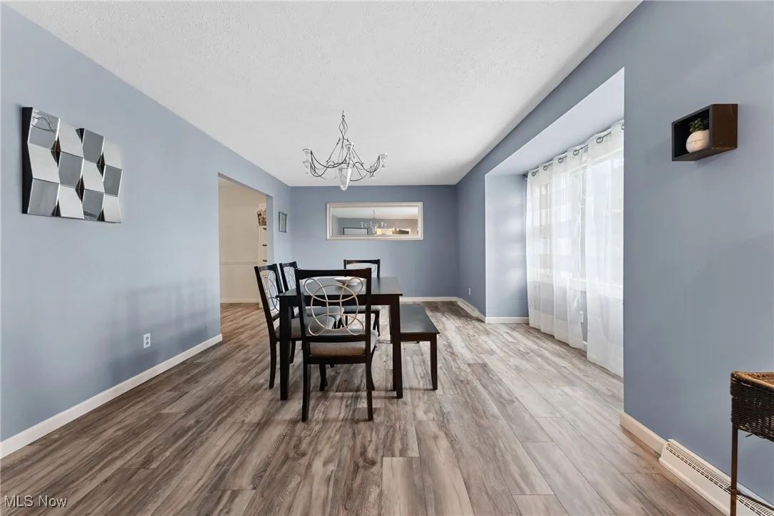 Dining area with a chandelier, a baseboard radiator, wood finished floors, and a textured ceiling