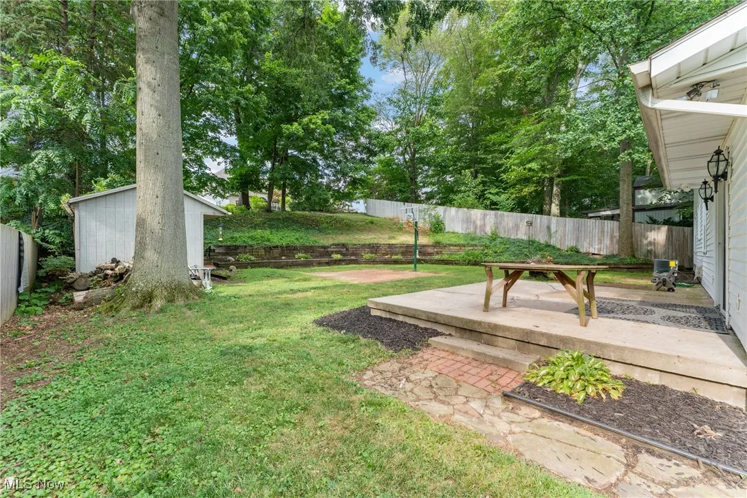 Fenced backyard with a patio area and a storage unit