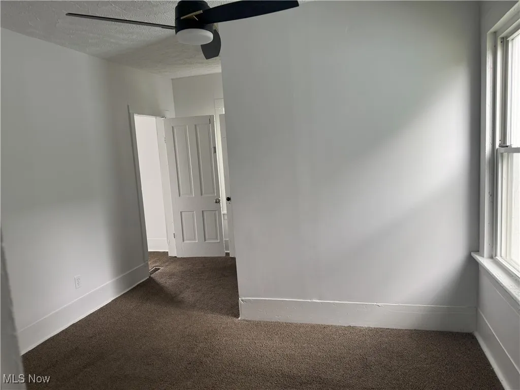 Unfurnished room with carpet floors, plenty of natural light, a textured ceiling, and a ceiling fan