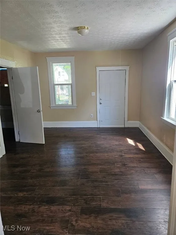Entrance foyer with dark wood-style floors, a textured ceiling, and healthy amount of natural light