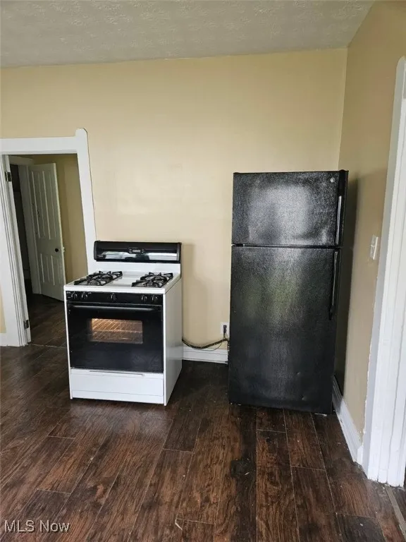 Kitchen with range with gas stovetop, dark wood-type flooring, and freestanding refrigerator