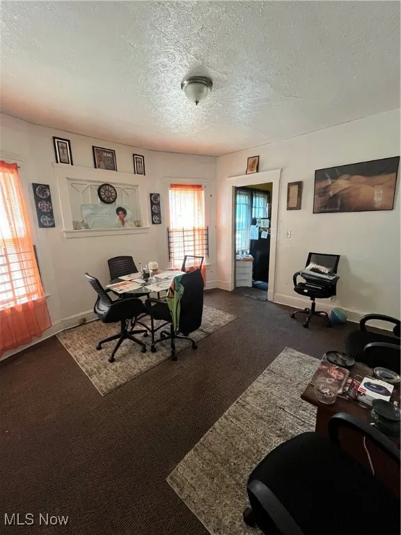Carpeted home office featuring a textured ceiling